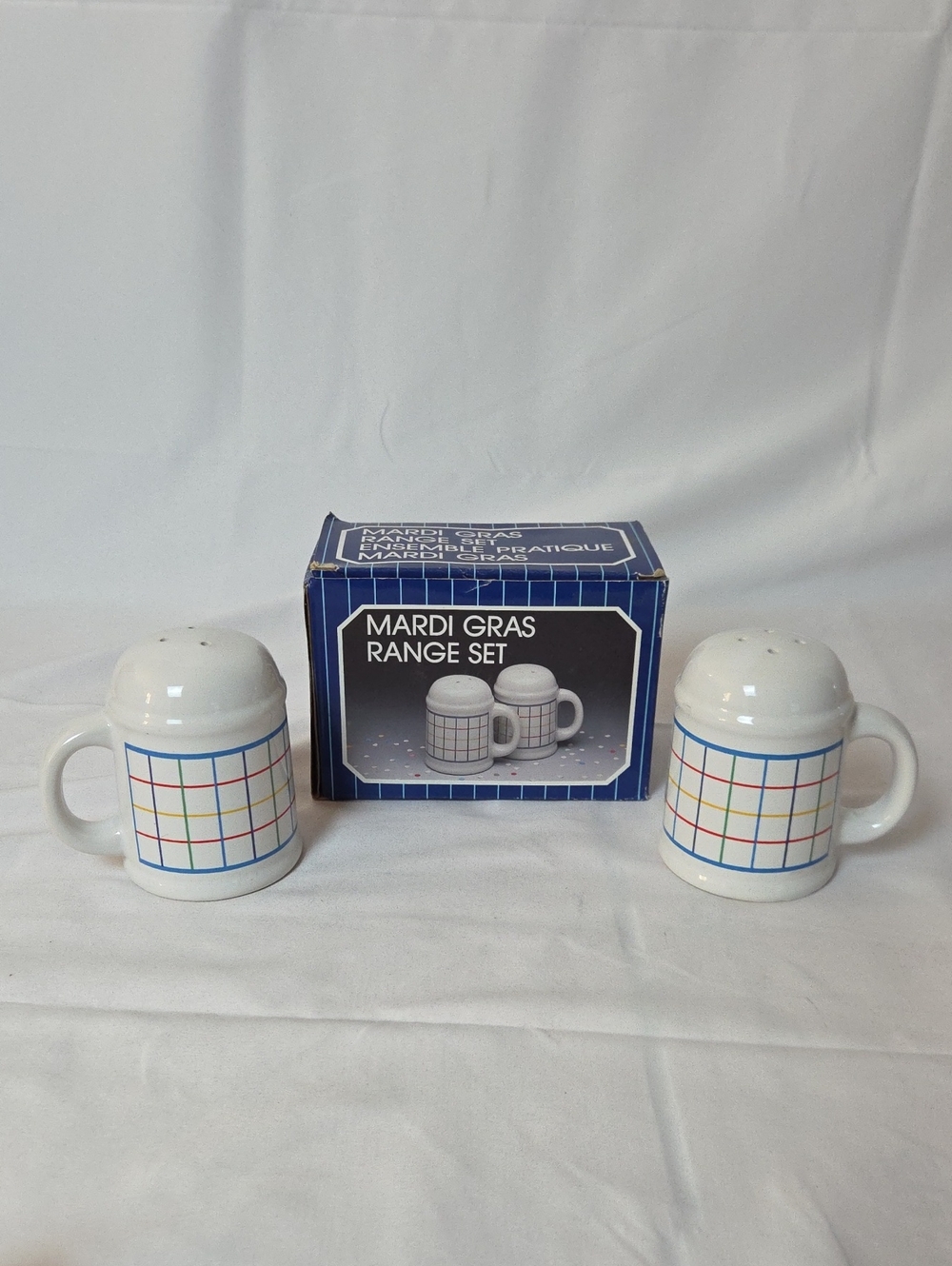 Range Set Ceramic Salt and Pepper Shakers - White with Multicolor Grid